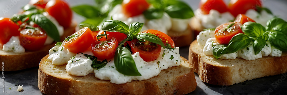 Delicious Bruschettas with fresh tomatoes and mozzarella
Delicious Bruschettas with fresh tomatoes and mozzarella