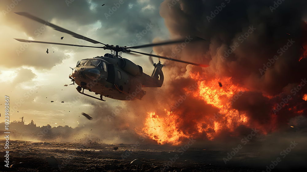 Helicopter flying amidst an explosion in a dramatic landscape. Helicopter flying amidst an explosion in a dramatic landscape.