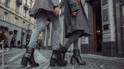 Women's Legs In Stylish Boots Walking Down a City Street