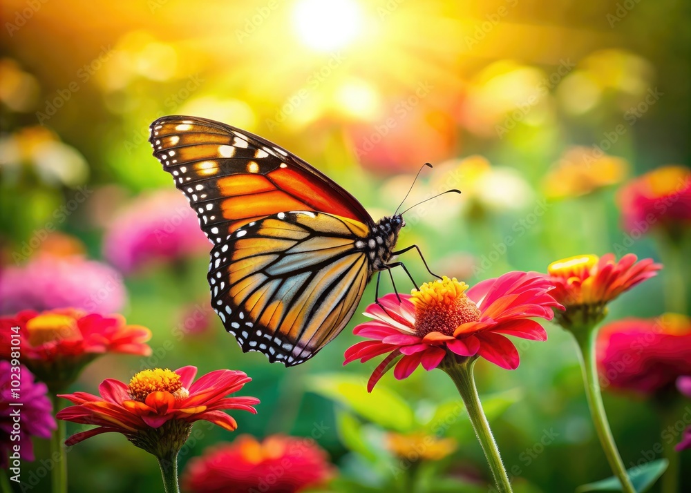 A colorful butterfly elegantly sits on a radiant flower in a thriving green garden, basking in the sunshine on a delightful spring afternoon. A colorful butterfly elegantly sits on a radiant flower in a thriving green garden, basking in the sunshine on a delightful spring afternoon.