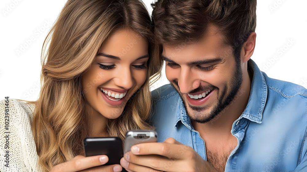 Happy couple enjoying their smartphones together. Happy couple enjoying their smartphones together.