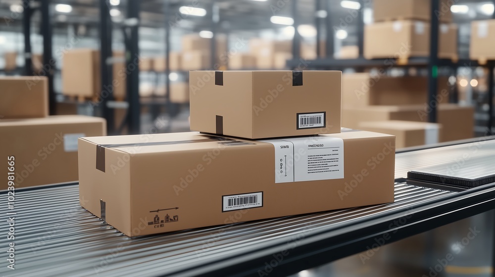 Cardboard Boxes on Conveyor in Distribution Warehouse Cardboard Boxes on Conveyor in Distribution Warehouse