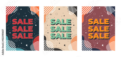 Set of sale vector memphis retro vintage abstract geometric poster, banner graphic design, illustration for shopping with retro colors. Trendy 80s, 90s old poster, cards, typographical design vector 