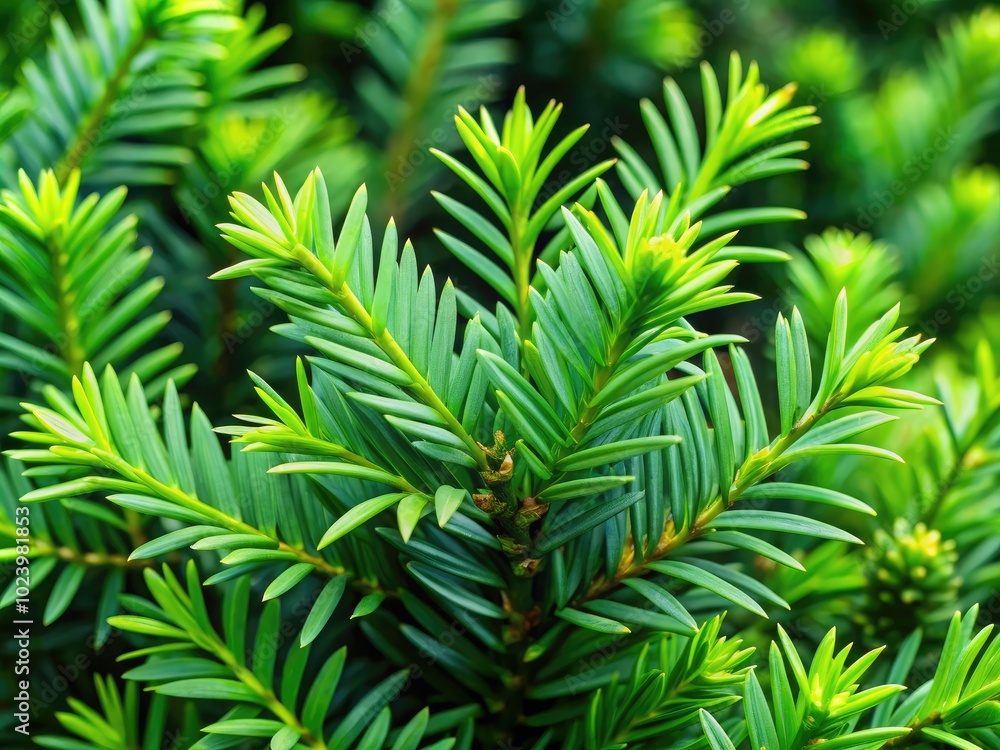Fototapeta premium Close-up of Taxus baccata reveals the rich, verdant foliage of the English yew tree, highlighting its beauty and resilience in a natural setting.