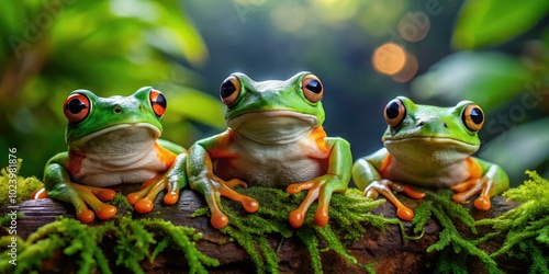 Closeup of Three Frogs in Low Light for Biodiversity Conservation and Eco Exploration