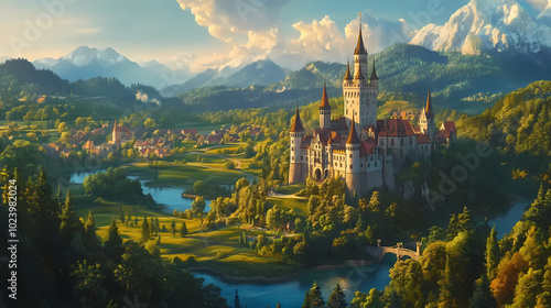 A magical evening in bavarian river valley, where river flows through a landscape of dense forests and rolling meadows.jpeg. Bavarian Castle. Illustration