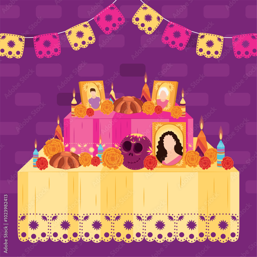 Obraz premium Dia de los Muertos altar with colorful decorations and skulls Vector
