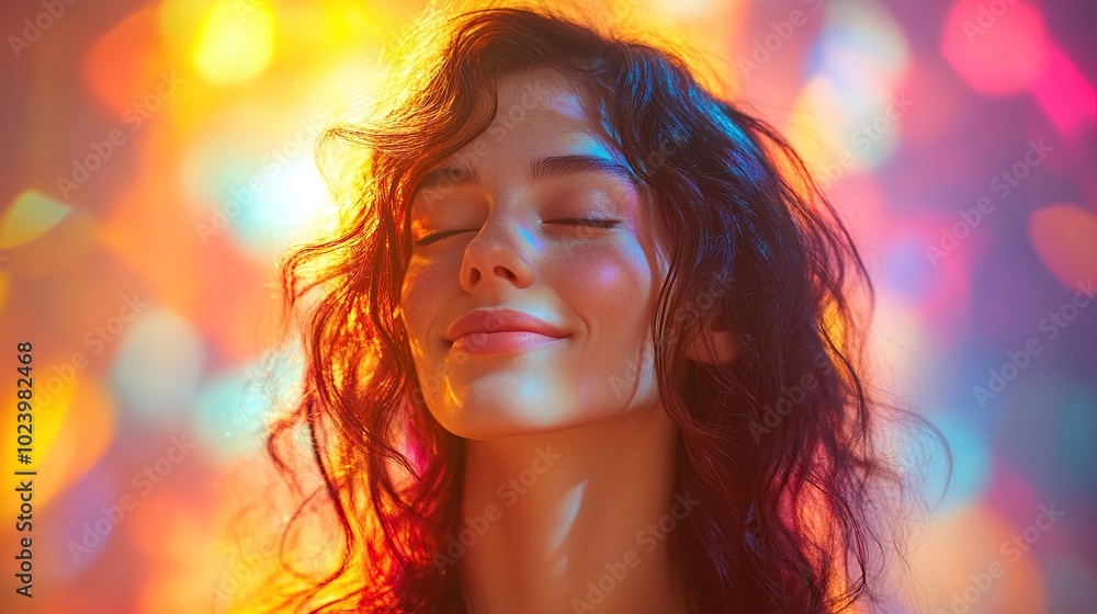 Woman with Closed Eyes Illuminated by Colorful Lights Woman with Closed Eyes Illuminated by Colorful Lights