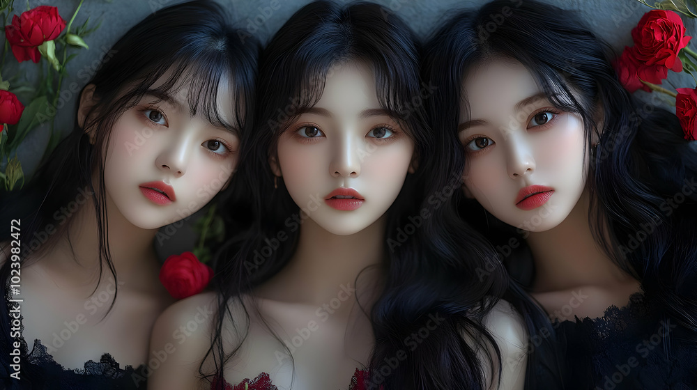 Three women with dark hair and roses, exuding beauty and elegance.
