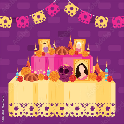 Dia de los Muertos altar with colorful decorations and skulls Vector