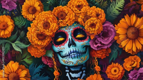 Colorful sugar skull adorned with vibrant flowers, representing Dia de los Muertos, a celebration of life and remembrance.