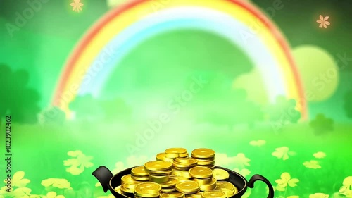 A pot of gold coins at the end of a vibrant rainbow over a green field with shamrocks, symbolizing St. Patrick's Day luck and folklore