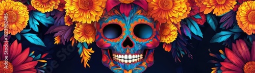 Vibrant floral skull design featuring colorful flowers, a striking blend of colors, perfect for art and celebration themes.