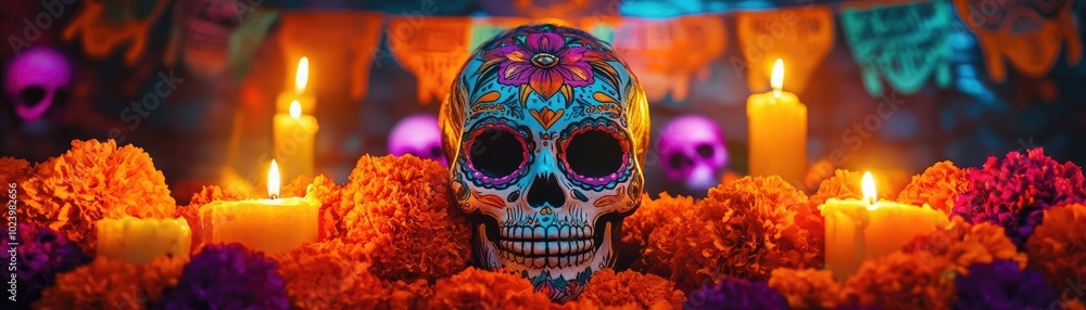 Vibrant sugar skull surrounded by marigolds and candles, celebrating traditions of Dia de los Muertos with bright colors and details. Vibrant sugar skull surrounded by marigolds and candles, celebrating traditions of Dia de los Muertos with bright colors and details.
