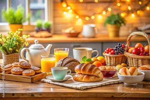 Wallpaper Mural A cozy kitchen table showcases mouthwatering bakery items, creating an inviting atmosphere for a delicious breakfast spread, perfect for cooking and sharing with family. Torontodigital.ca