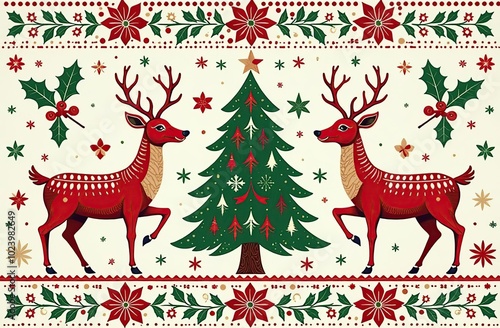 Motif Christmas ethnic handmade beautiful Ikat art. Xmas background. folk embroidery Christmas pattern, Ikat art ornament print. red,green colors. Reindeer, christmas tree,Mistletoe, poinsettia design photo