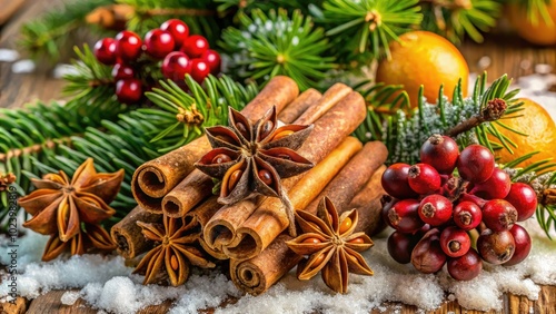 A cozy winter display featuring cinnamon sticks, anise stars, and natural elements, all beautifully arranged in warm tones to create a festive atmosphere.