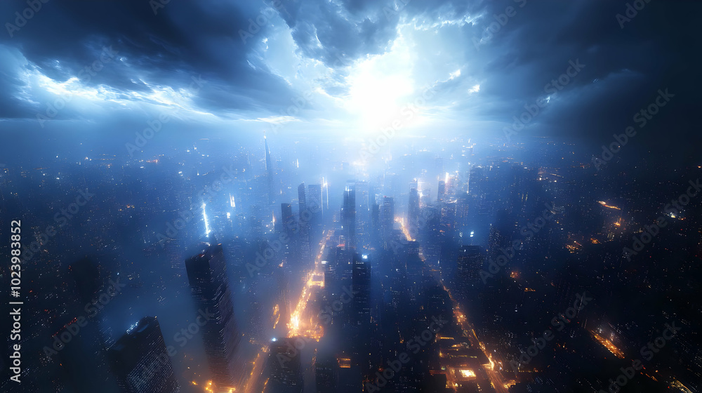 Obraz premium A dramatic cityscape illuminated by blue light and stormy skies.
