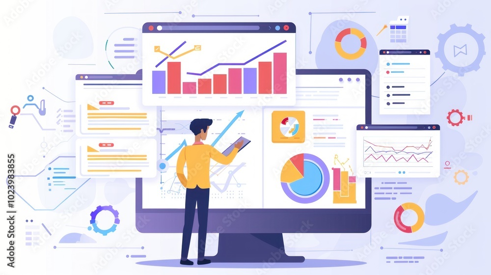 Man analyzing data on large analytics dashboard with charts and graphs. Concept of business intelligence and data analysis. Man analyzing data on large analytics dashboard with charts and graphs. Concept of business intelligence and data analysis.
