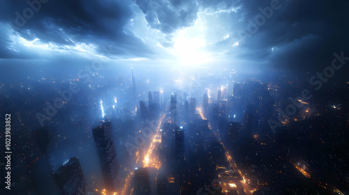 A dramatic cityscape illumi...