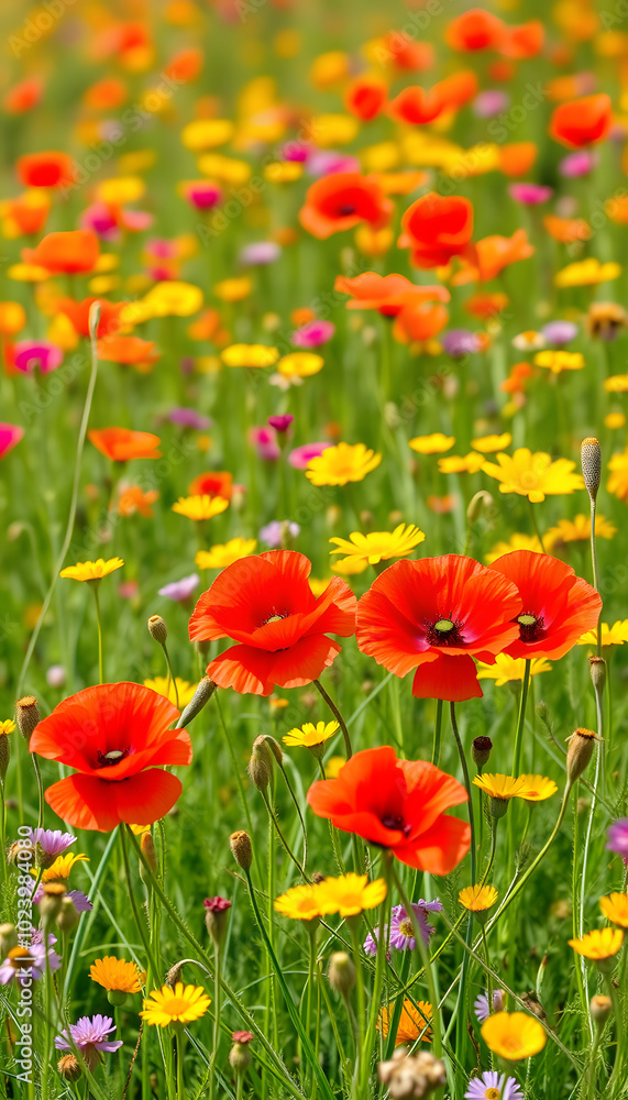 Colorful wildflower meadow with red poppies and yellow flowers in full bloom. Vibrant wildflowers are blooming in summer field with green grass. Beautiful natural background isolated with white high Colorful wildflower meadow with red poppies and yellow flowers in full bloom. Vibrant wildflowers are blooming in summer field with green grass. Beautiful natural background isolated with white high