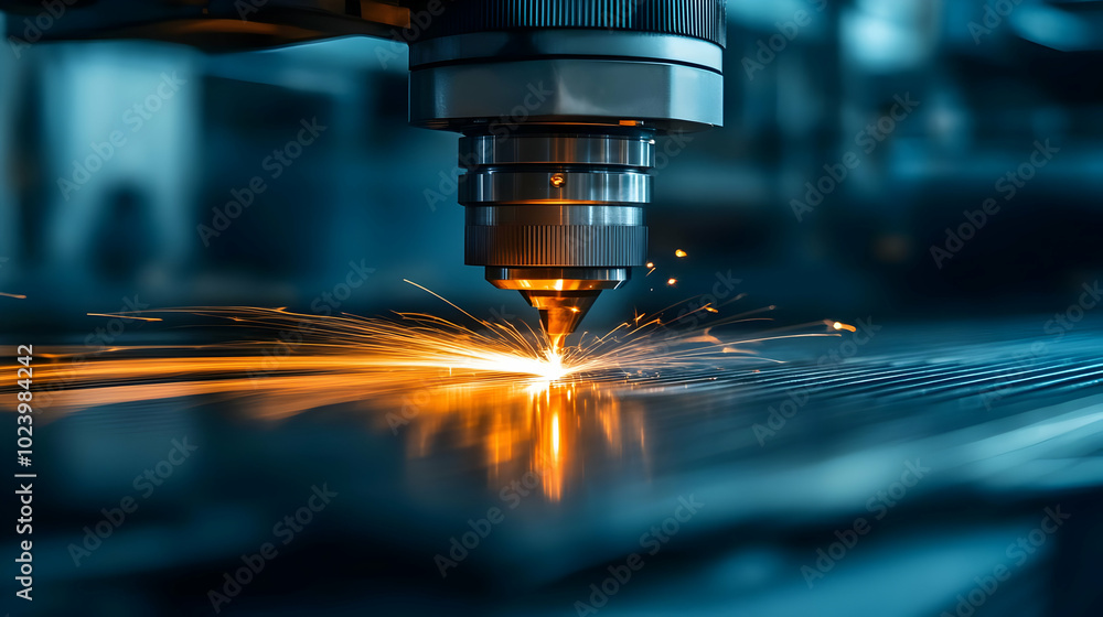 Laser cutting metal with sparks in an industrial setting. Laser cutting metal with sparks in an industrial setting.
