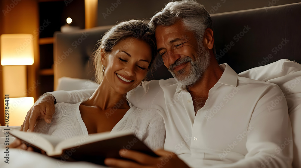 A couple enjoying a cozy moment while reading in bed together. A couple enjoying a cozy moment while reading in bed together.