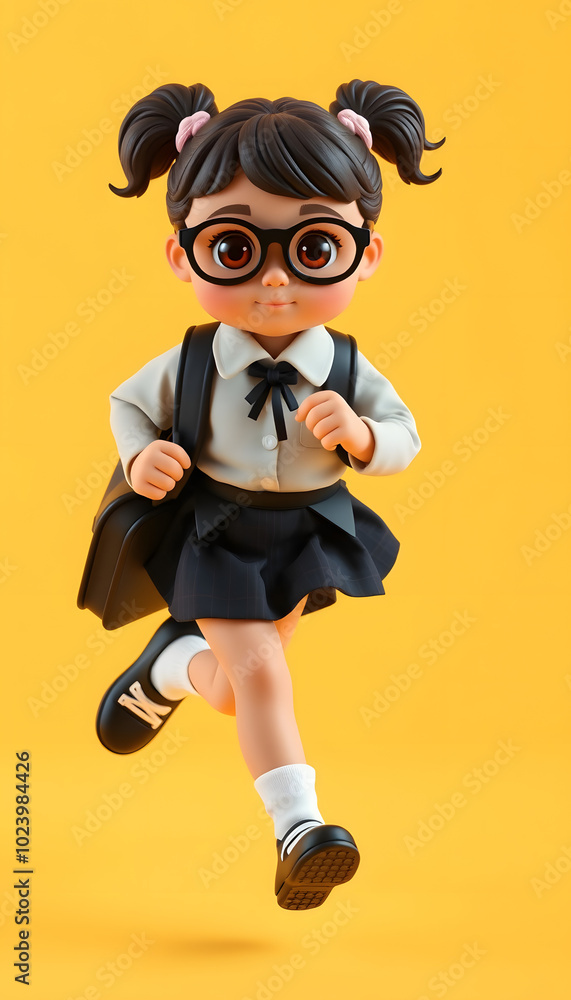Full body photo of cute little schoolgirl running hurry black friday dressed stylish uniform isolated on yellow color background isolated with white highlights, png Full body photo of cute little schoolgirl running hurry black friday dressed stylish uniform isolated on yellow color background isolated with white highlights, png