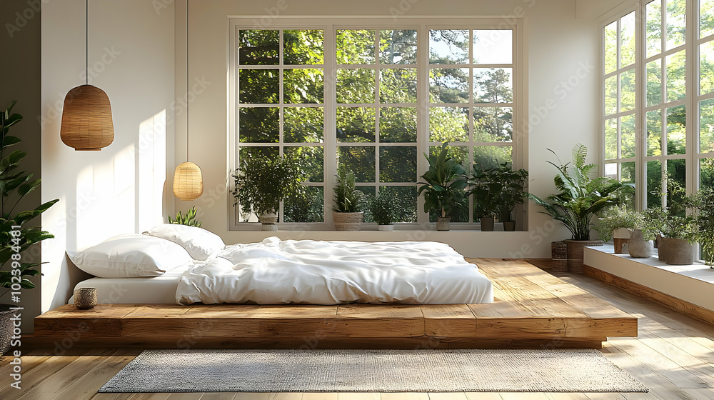 Bedroom Design: Minimalist Platform Bed with Natural Light and Greenery Bedroom Design: Minimalist Platform Bed with Natural Light and Greenery