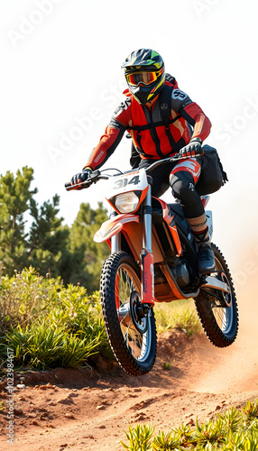 Driver, driving and motorbike with jump of sports for cross country training, performance technique and fitness journey. Athlete, person and bicycle for travel adventure, dirt cycling and race rally