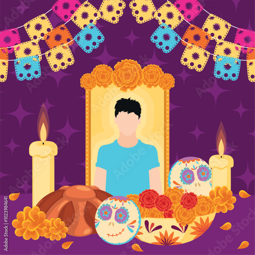 Dia de los Muertos altar with photo, candles, and flowers Vector