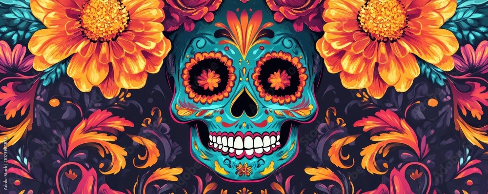 Colorful sugar skull surrounded by vibrant flowers, celebrating Day of the Dead with intricate designs and lively hues. Colorful sugar skull surrounded by vibrant flowers, celebrating Day of the Dead with intricate designs and lively hues.