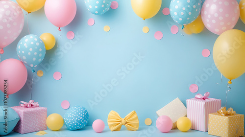 Festive background with balloons, gifts, and bows on a light blue color background