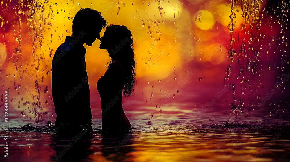Silhouette of a couple in water against a colorful background. Silhouette of a couple in water against a colorful background.