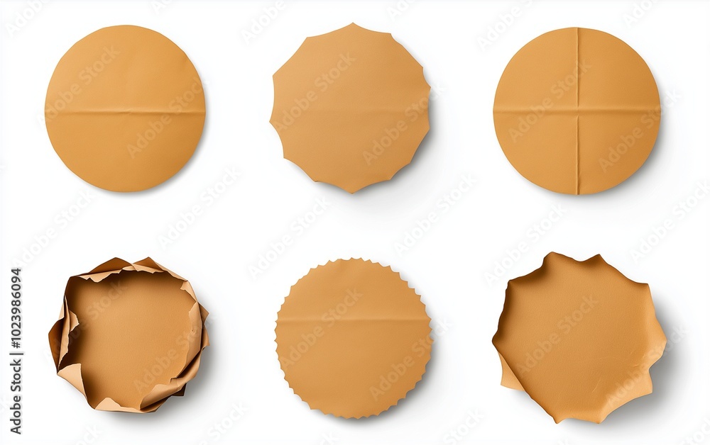 An arrangement of six round, brown paper shapes showcasing different edge styles and creases, illustrating various creative and artistic possibilities. An arrangement of six round, brown paper shapes showcasing different edge styles and creases, illustrating various creative and artistic possibilities.
