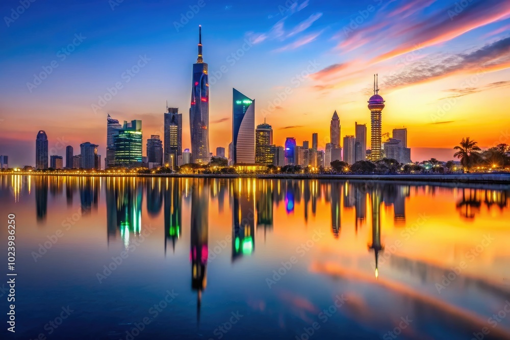 Stunning Kuwait City Skyline at Sunset with Modern Architecture and Vibrant City Lights Reflected Stunning Kuwait City Skyline at Sunset with Modern Architecture and Vibrant City Lights Reflected