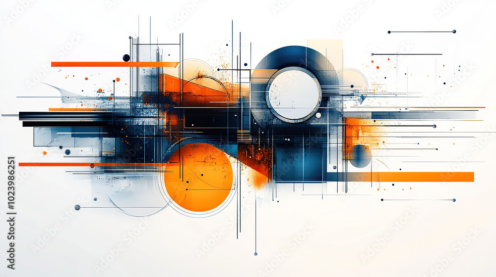 Obraz premium Abstract composition of blue, orange, and white shapes, lines, and circles. Digital illustration with a white background