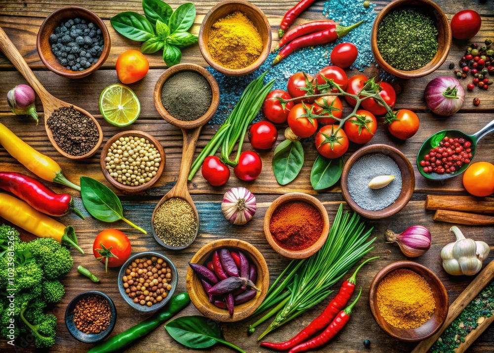Aerial View of a Vibrant Culinary Creation with Fresh Ingredients and Colorful Preparations Aerial View of a Vibrant Culinary Creation with Fresh Ingredients and Colorful Preparations