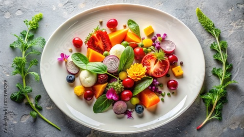 Aerial View of a White Plate with Colorful Food Arrangement for Food Photography