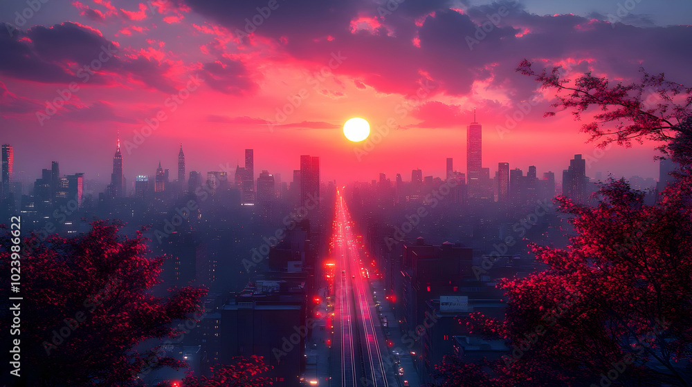 Sunset over a city skyline with vibrant colors and urban landscape. Sunset over a city skyline with vibrant colors and urban landscape.