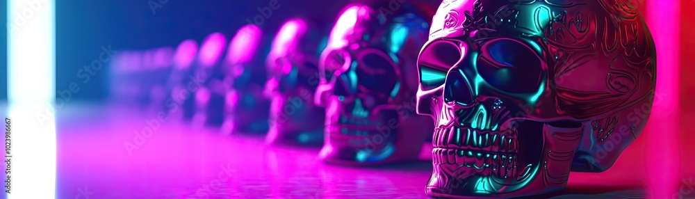 Vibrant skull decoration art with neon lighting, creating a striking and surreal ambiance for unique photography. Vibrant skull decoration art with neon lighting, creating a striking and surreal ambiance for unique photography.