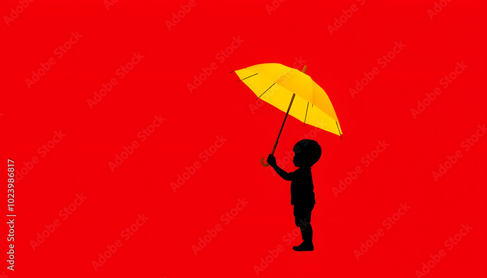 Little boy with yellow umbrella on red background, space for text isolated with white highlights, png Little boy with yellow umbrella on red background, space for text isolated with white highlights, png