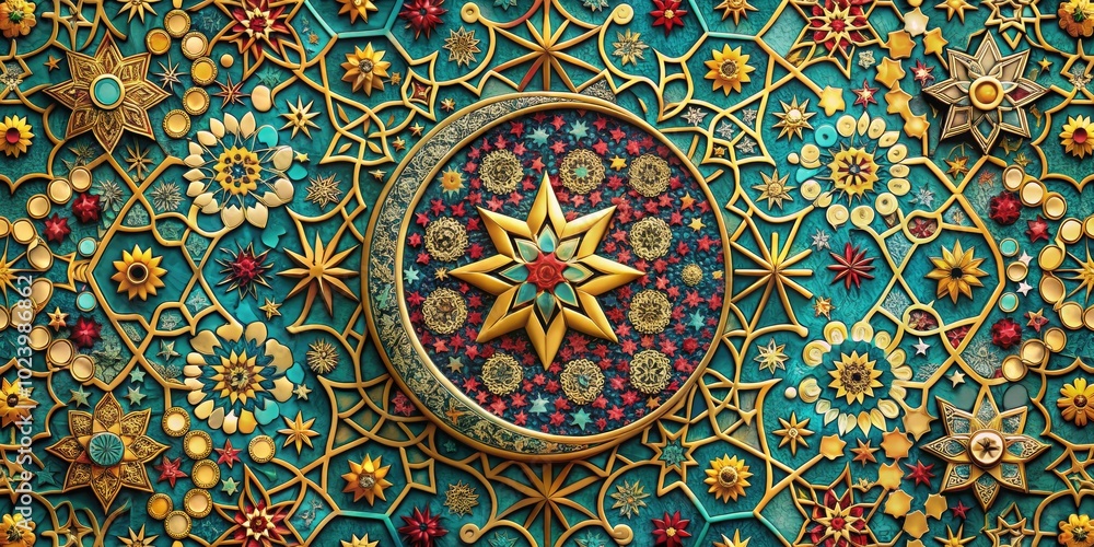 Aerial View of Islamic Greeting Card Design with Geometric Patterns and Floral Motifs for Celebrations Aerial View of Islamic Greeting Card Design with Geometric Patterns and Floral Motifs for Celebrations