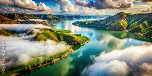 Aerial View of Low Clouds Over Palisades Reservoir in Idaho - Tilt-Shift Photography photo