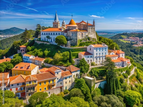 Aerial View of Sintra: National Palace and Moorish Fortress near Lisbon, Portugal