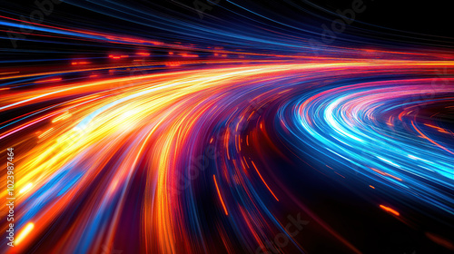 Abstract speed light background with colorful lights, motion blur, and glowing trails in blue, red, and orange colors photo