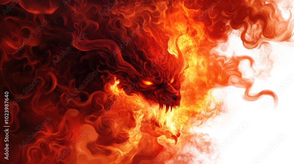 Fototapeta premium Fiery dragon illustration with vibrant flames and a dark, smoky background.