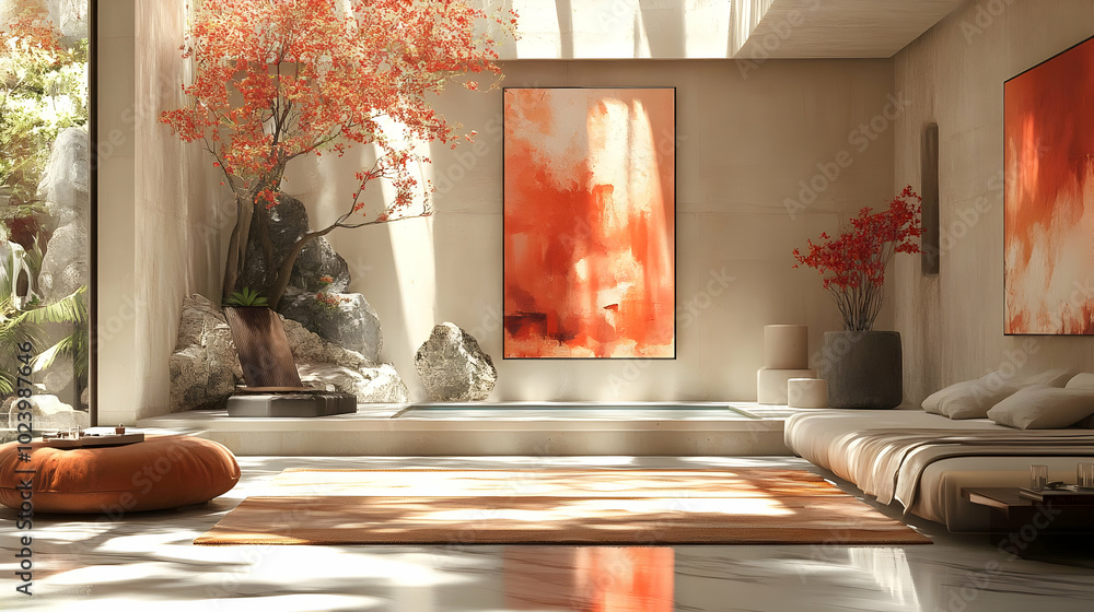Modern serene interior with orange accents and natural elements. Modern serene interior with orange accents and natural elements.