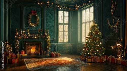 Wallpaper Mural A cozy Christmas living room with a fireplace, decorated Christmas tree, presents and a wreath above the fireplace. Torontodigital.ca