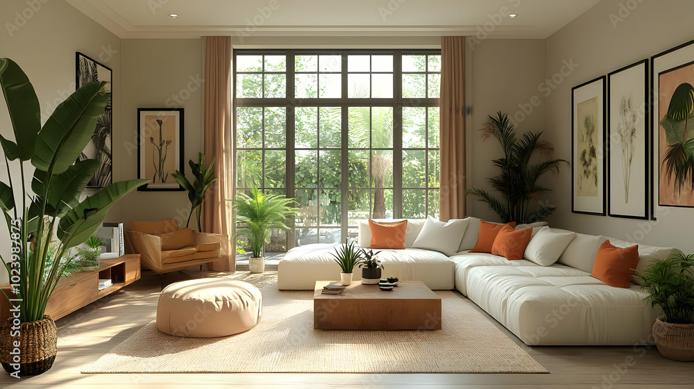 Fototapeta premium Cozy living room with plants and natural light.